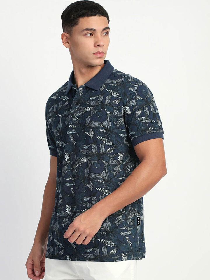 THE BEAR HOUSE Men Abstract Printed Slim Fit Cotton Polo T-shirt