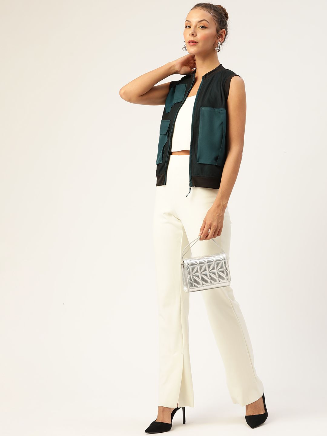 Antheaa Women Black & Teal Green Colourblocked Jacket