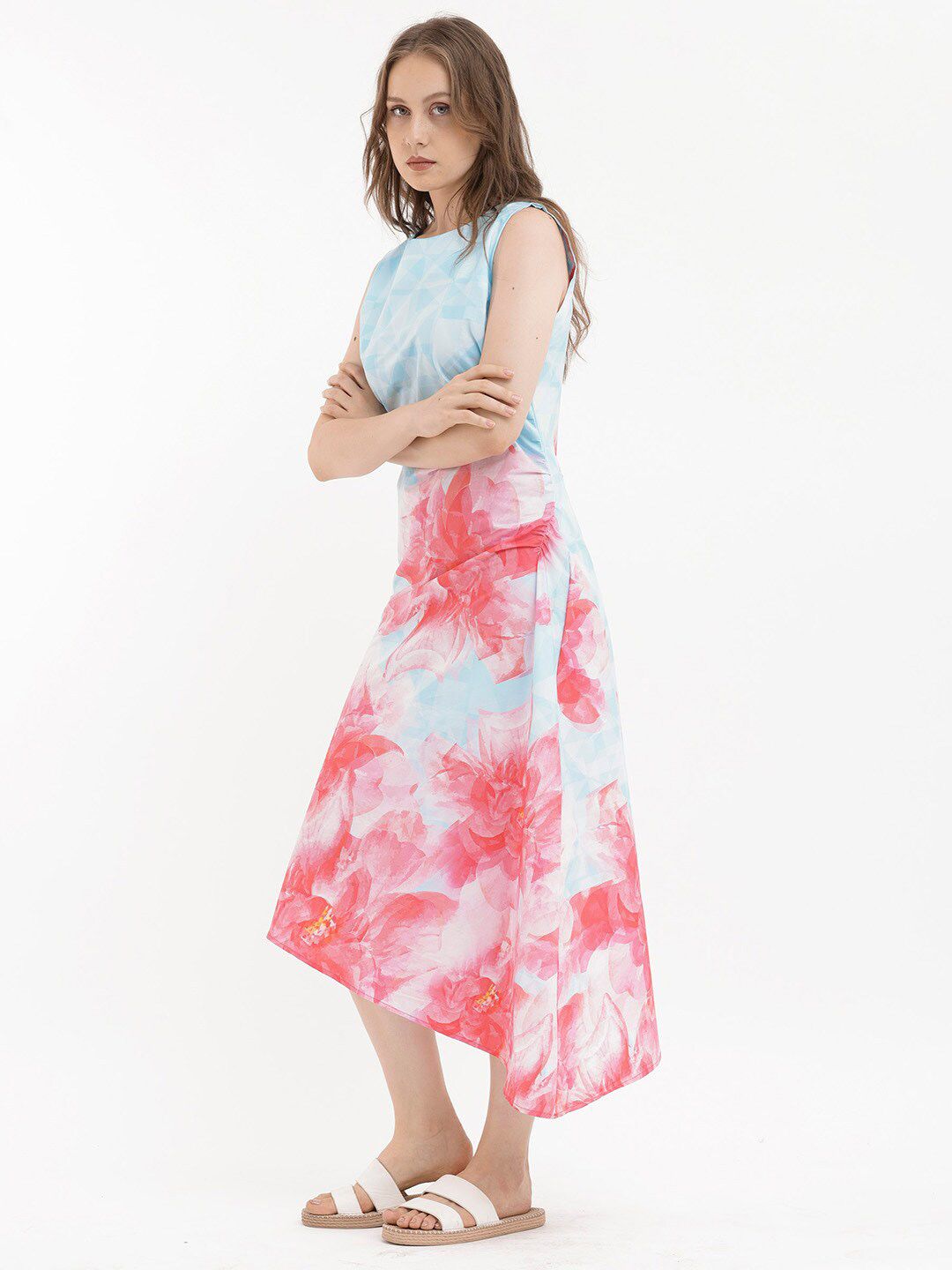 RAREISM Floral Print Sleeveless A-Line Cotton Midi Dress