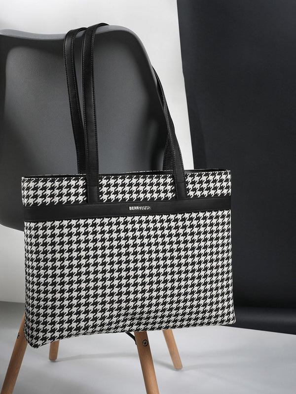 Berrylush Black Self Design Shopper Tote Bag