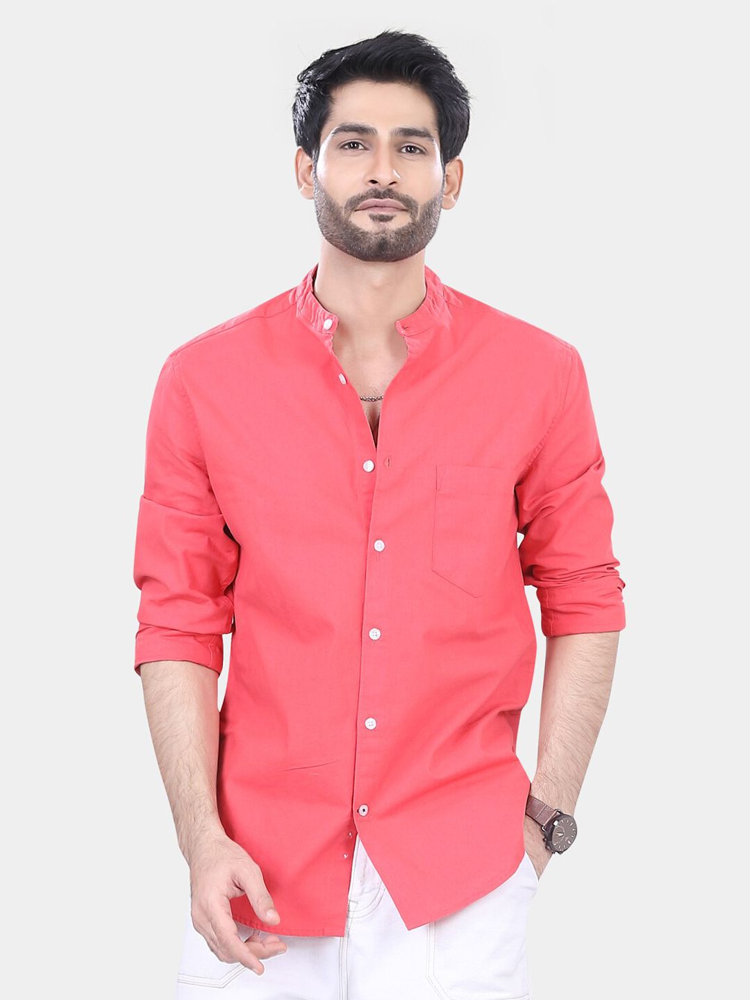 VASTRADO Classic Band Collar Long Sleeves Slim Fit Casual Shirt
