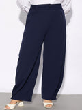 SASSAFRAS Curve Women Plus Size Navy Blue Straight Fit Hem Button Detail Parallel Trousers
