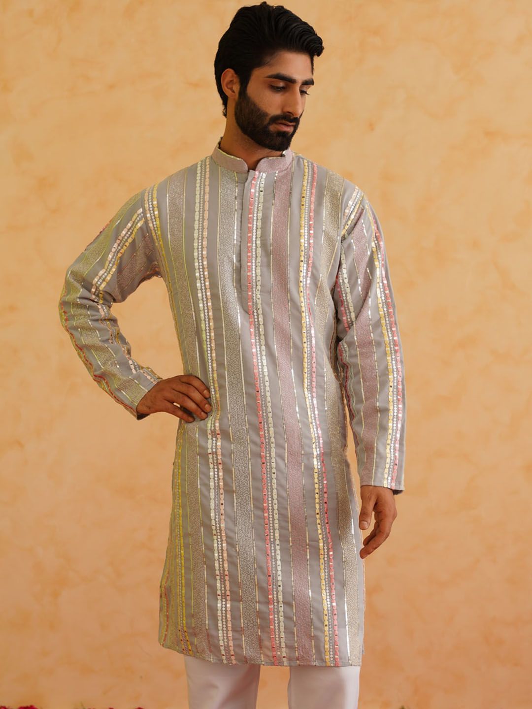 SOJANYA LUXE Mandarin Collar Embroidered Regular Kurta with Pyjamas