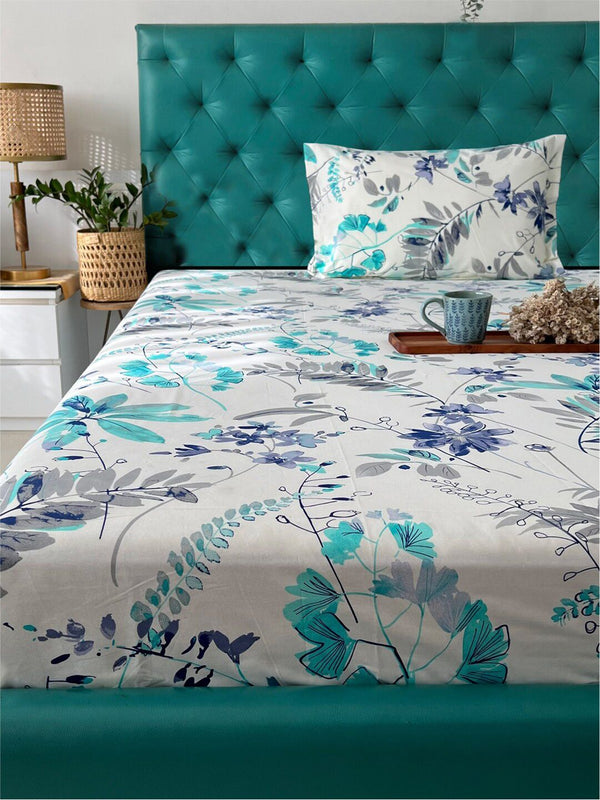 URBAN SPACE Serene Turquoise Blue Floral Cotton 200 TC Single Bedsheet & 1 Pillow Cover