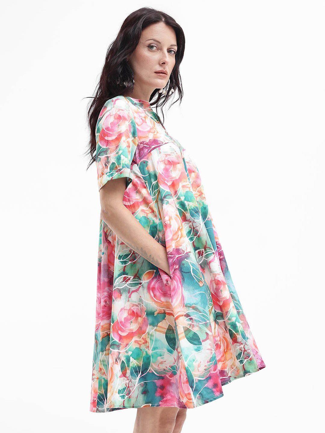 RAREISM Women Floral Print Cotton A-Line Dress