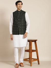 SOJANYA Men White Chikankari Pure Cotton Kurta with Churidar & Nehru Jacket