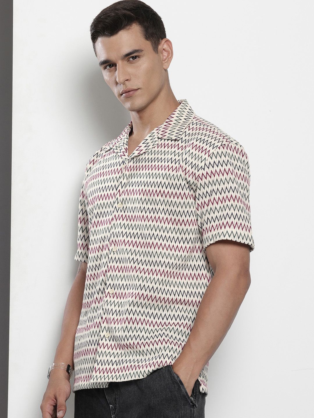 The Indian Garage Co Men Relaxed Fit Textured Lace Crochet Resort Wear Shirt