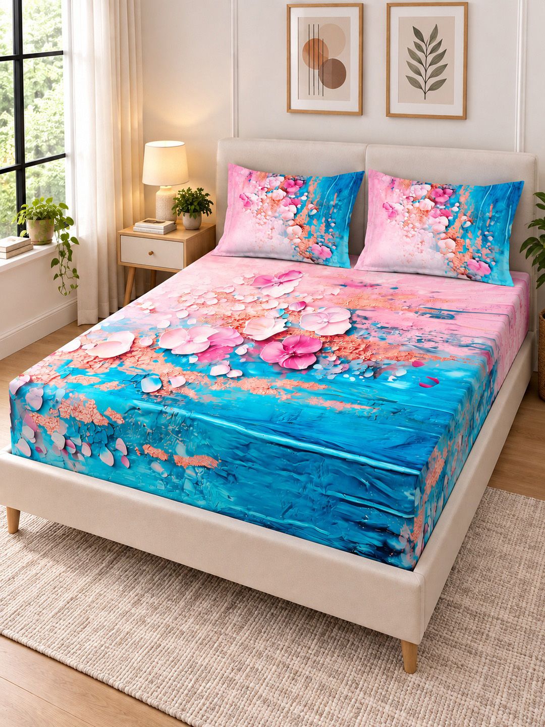 KLOTTHE Blue & Pink Floral 300 TC King Bedsheet with 2 Pillow Covers