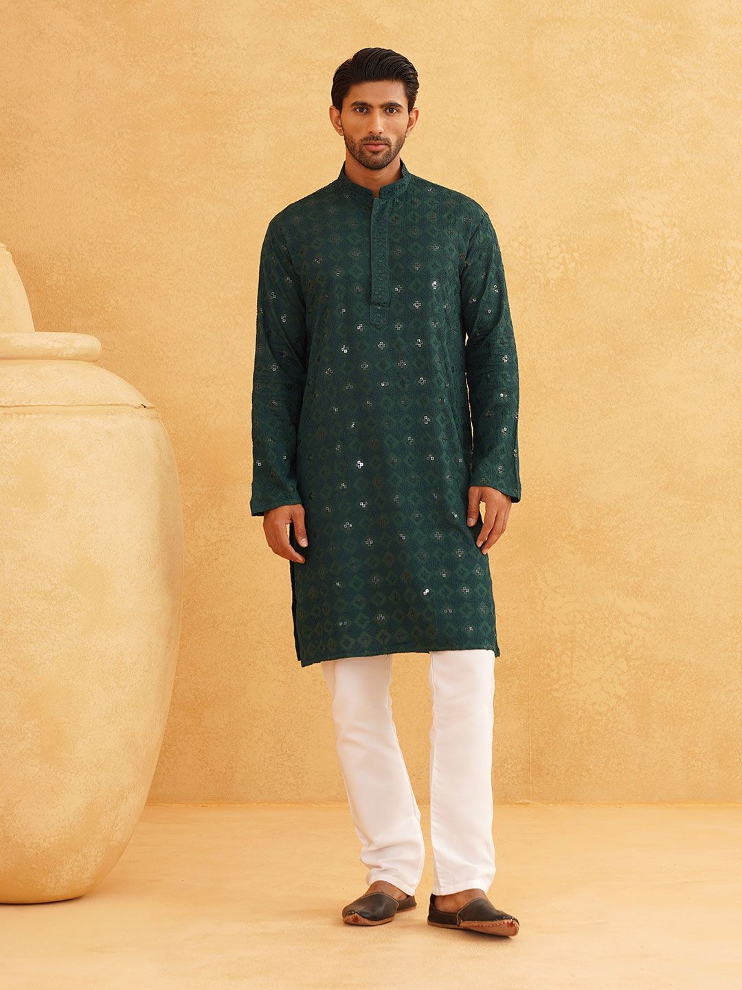 SOJANYA Kolar Mandarin Sulam Lengan Panjang Kurta Lurus