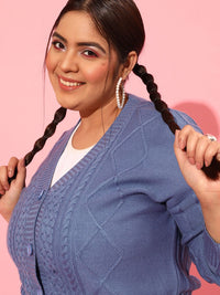 CURVY STREET Plus Size Women Blue Cable Knit Acrylic Cardigan
