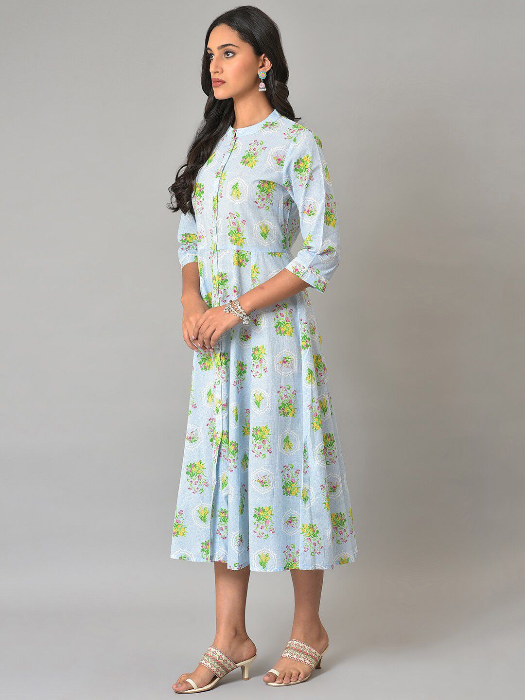 W Floral Printed Mandarin Collar A-Line Pure Cotton Midi Dress