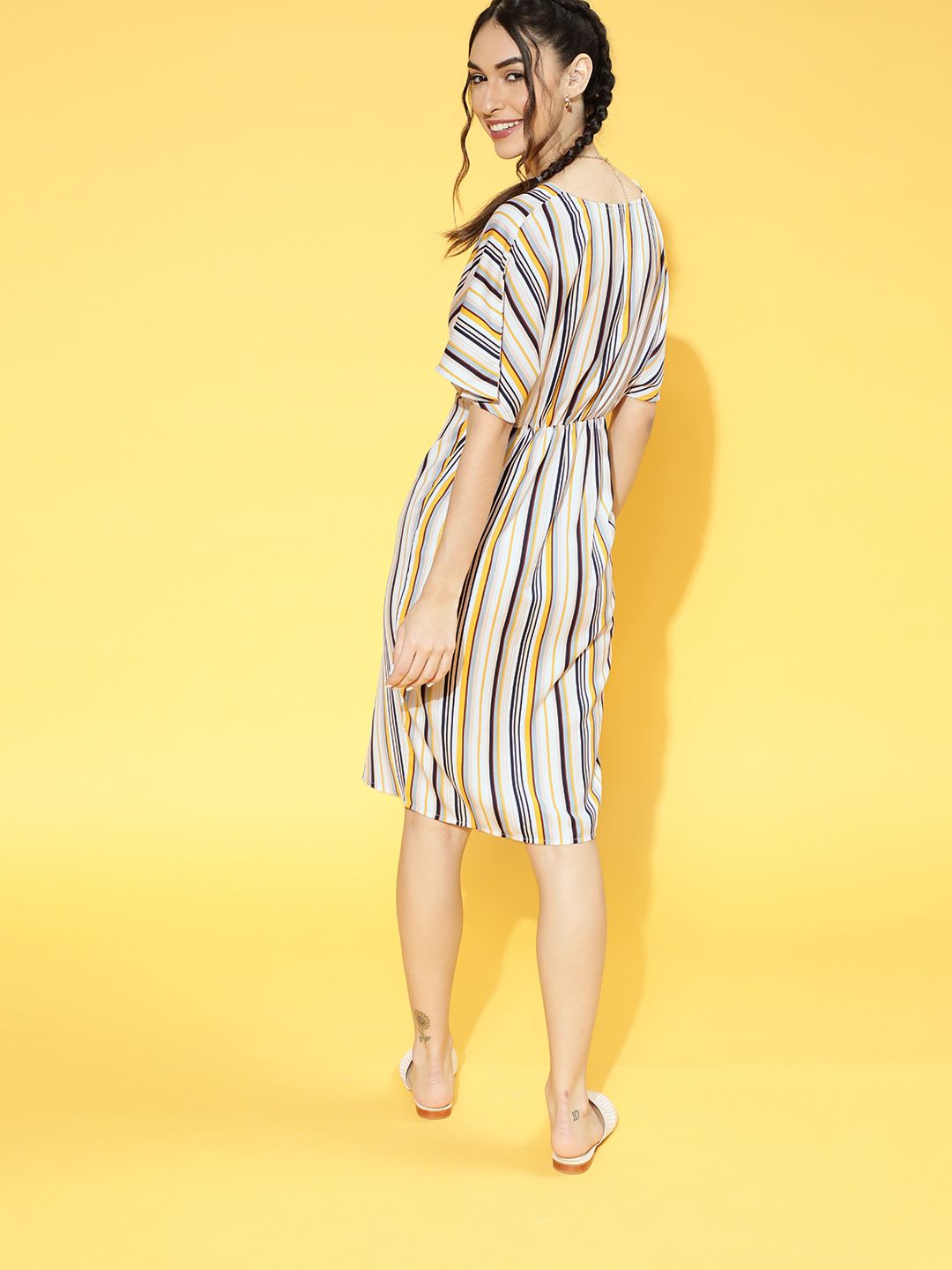 Berrylush Women Yellow & White Striped A-Line Dress with a Front Slit