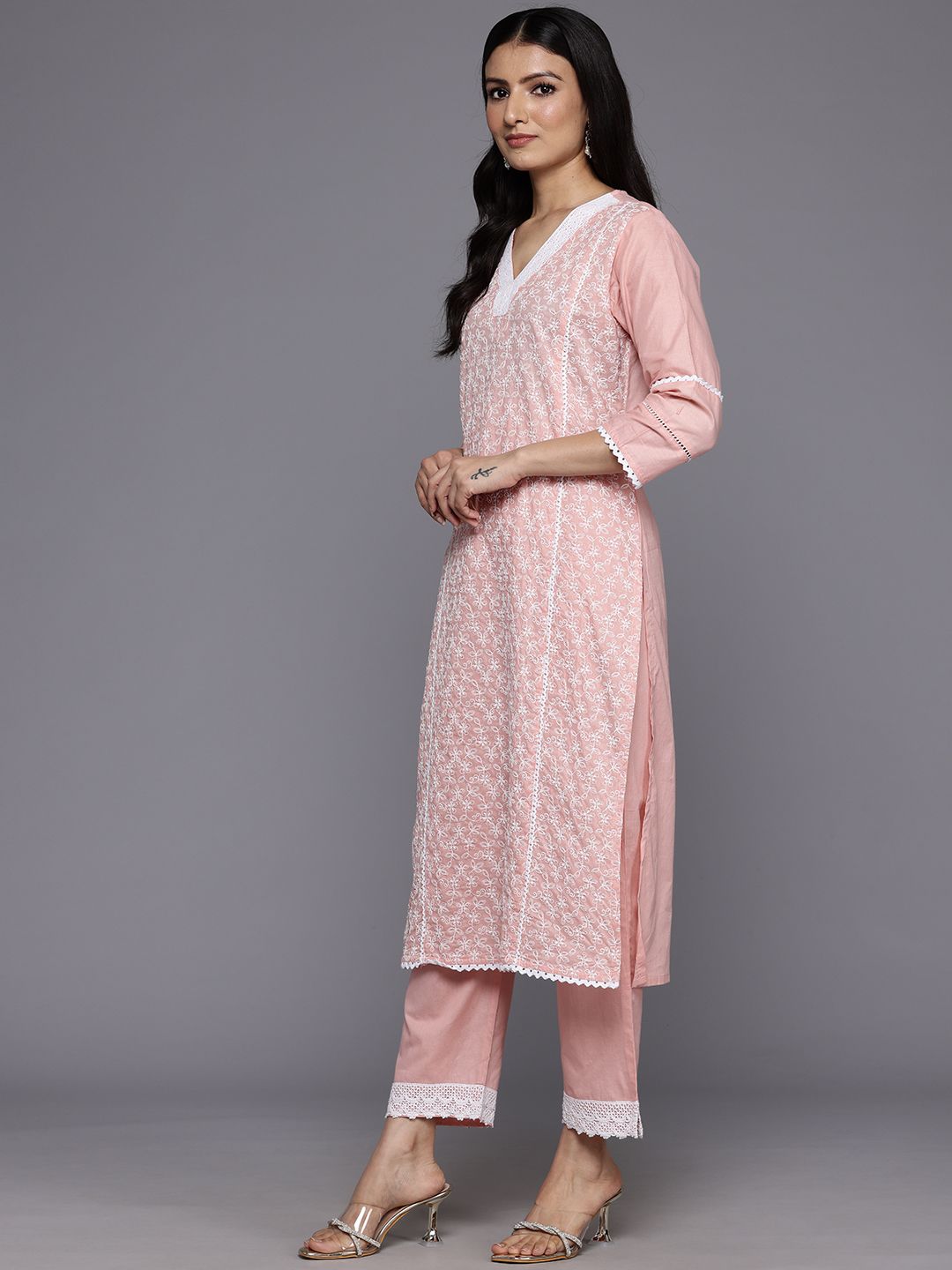 Varanga Floral Embroidered Panelled Thread Work Pure Cotton Kurta With Trousers & Dupatta