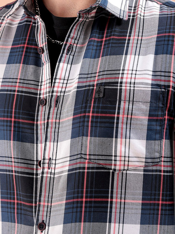 The Indian Garage Co Men Teal Blue & White Gingham Checked Pure Cotton Casual Shirt