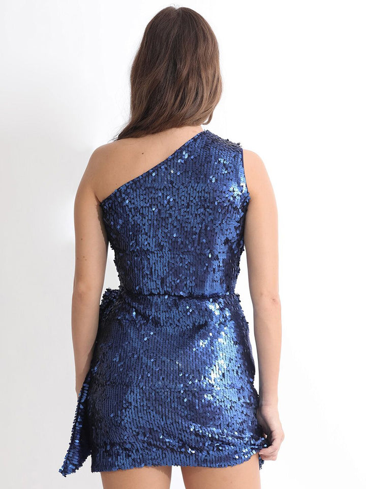 RAREISM Sequin Embellished One Shoulder Sleeveless Tie-Ups Bodycon Dress