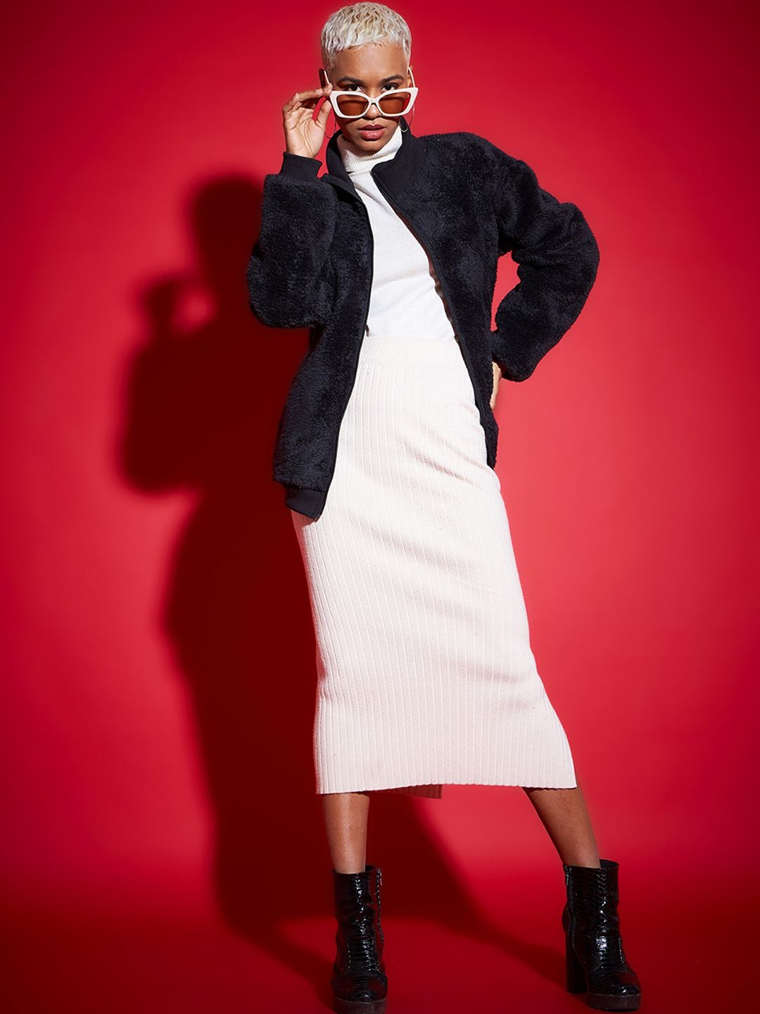 SASSAFRAS Black Mock Collar Faux Fur Trim Detail Bomber Jacket