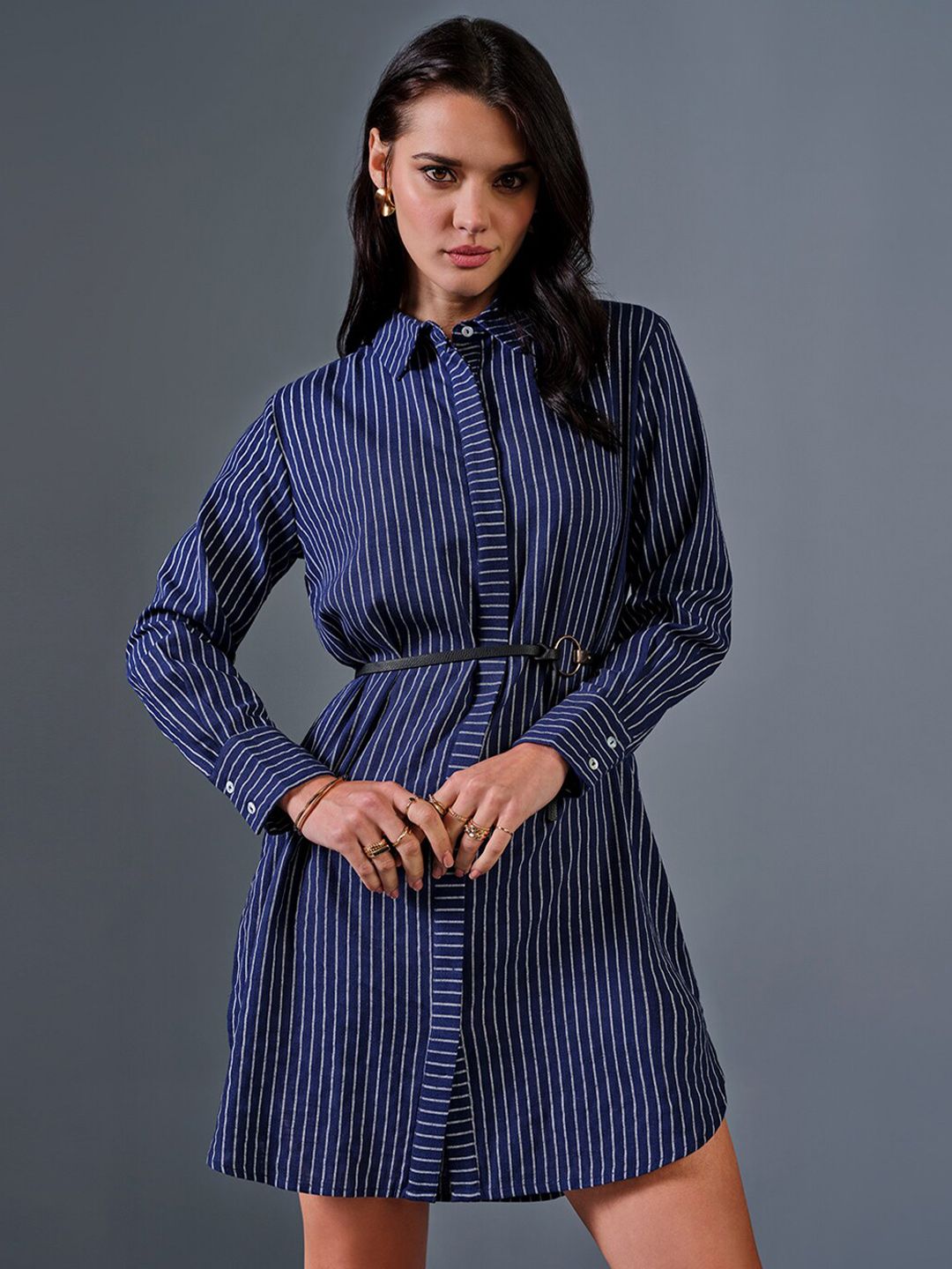AND Striped Shirt Collar Linen Shirt Dress