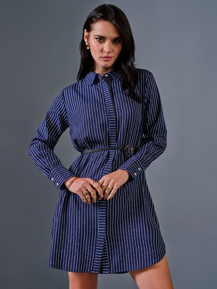 AND Striped Shirt Collar Linen Shirt Dress
