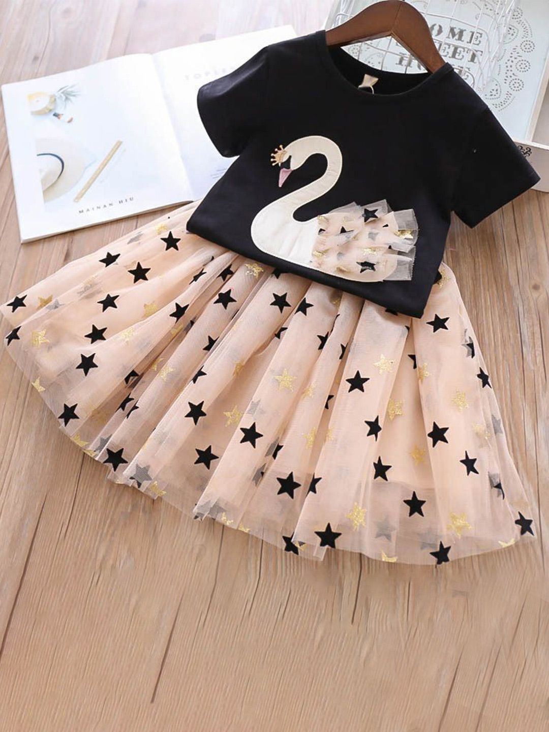 YK Girls Printed Round Neck Short Sleeves Pure Cotton Top With Skirt