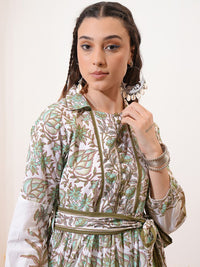 Vishudh Green Floral Printed Puff Sleeve Tie-Ups Fit & Flare Dress With Belt