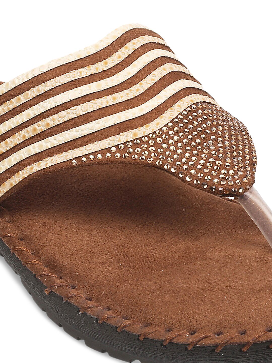 Metro Women Brown Embellished T-Strap Flats