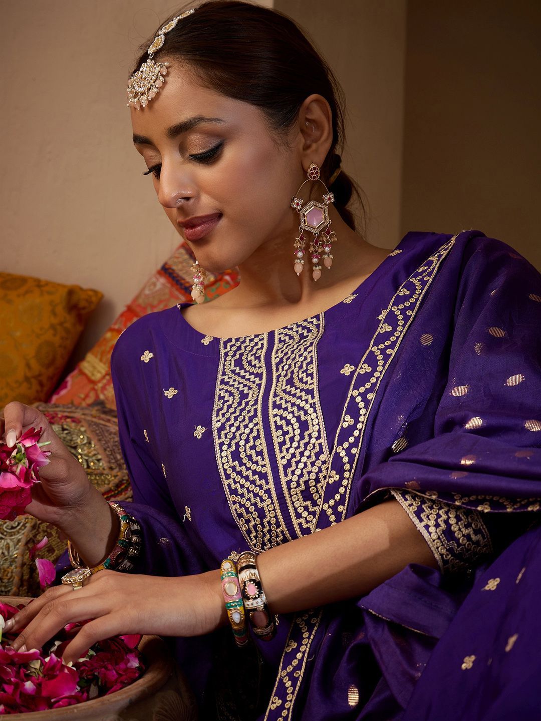 Indo Era Women Ethnic Motifs Embroidered Regular Sequinned Kurta with Trousers & With Dupatta