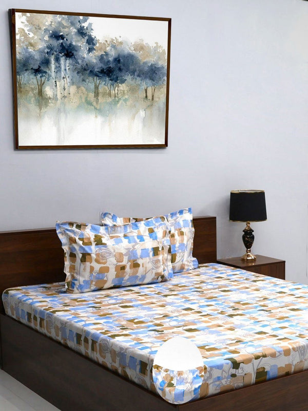 BOMBAY DYEING Allure White & Brown Printed 144 TC Pure Cotton Queen Fitted Bedsheet Set