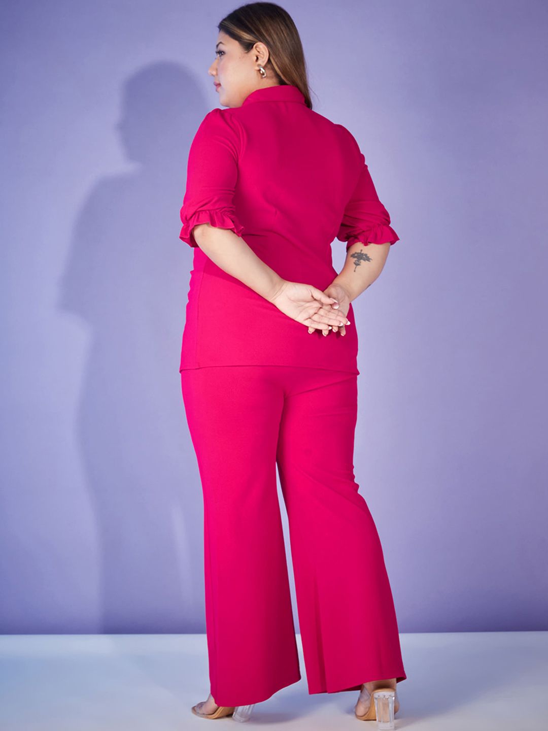 SASSAFRAS Curve Fuchsia Pink Plus Size Self Design Shirt With Trouser Co-Ords