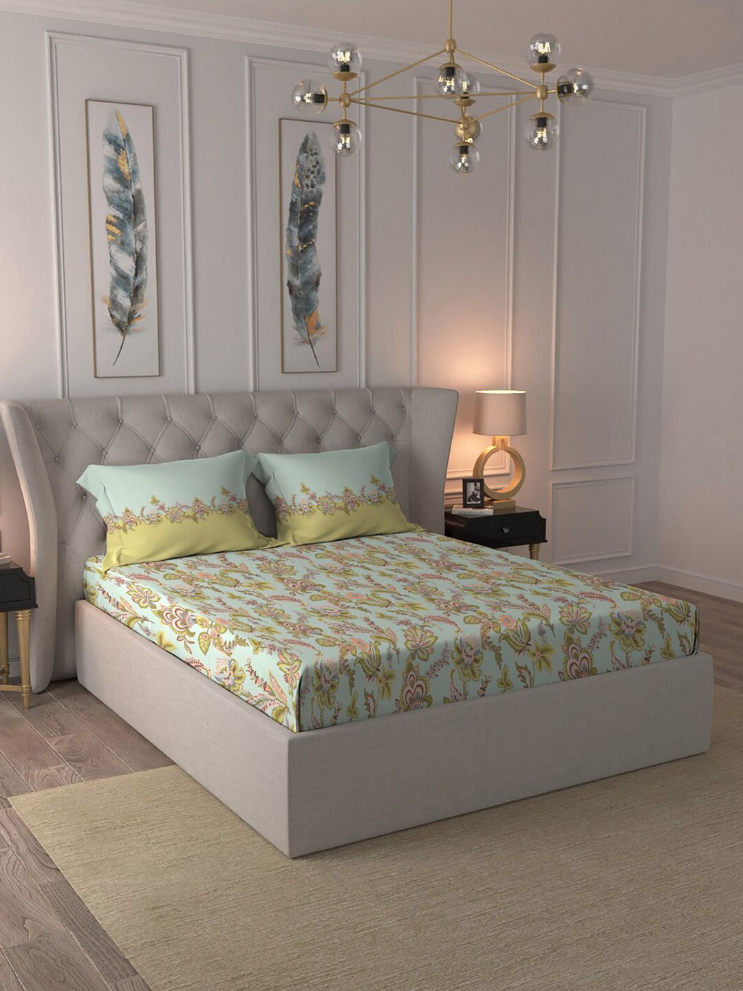 MYTRIDENT Blue  White Floral Pure Cotton 144 TC Queen Bedsheet With 2 Pillow Covers