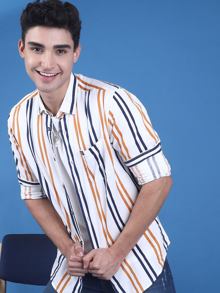 The Indian Garage Co Men White & Mustard Yellow Slim Fit Striped Casual Shirt