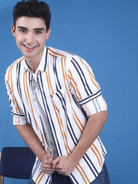 The Indian Garage Co Men White & Mustard Yellow Slim Fit Striped Casual Shirt