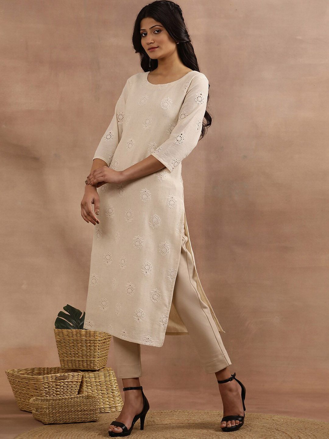 W Beige Floral Embroidered Thread Work Straight Kurta