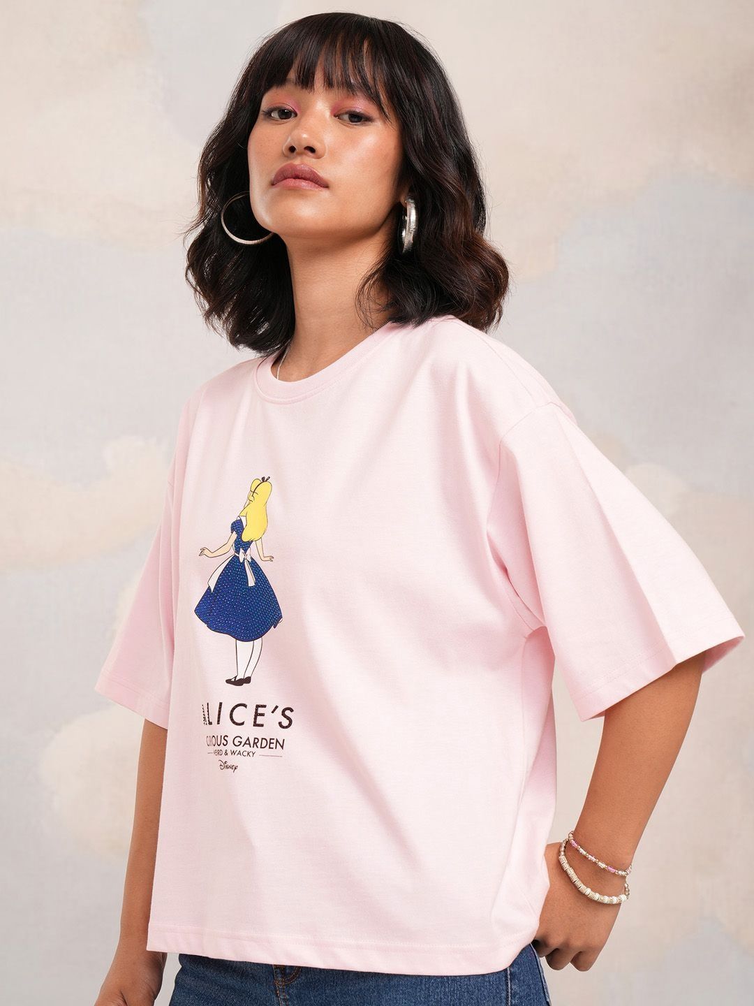 Tokyo Talkies Women Alice in Wonderland Printed Boxy Pure Cotton Tshirt