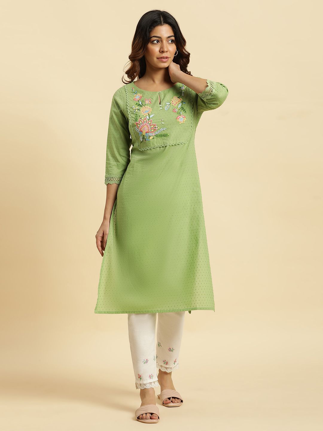 W Woven Design Thread Work Detailed Pure Cotton Straight Kurta