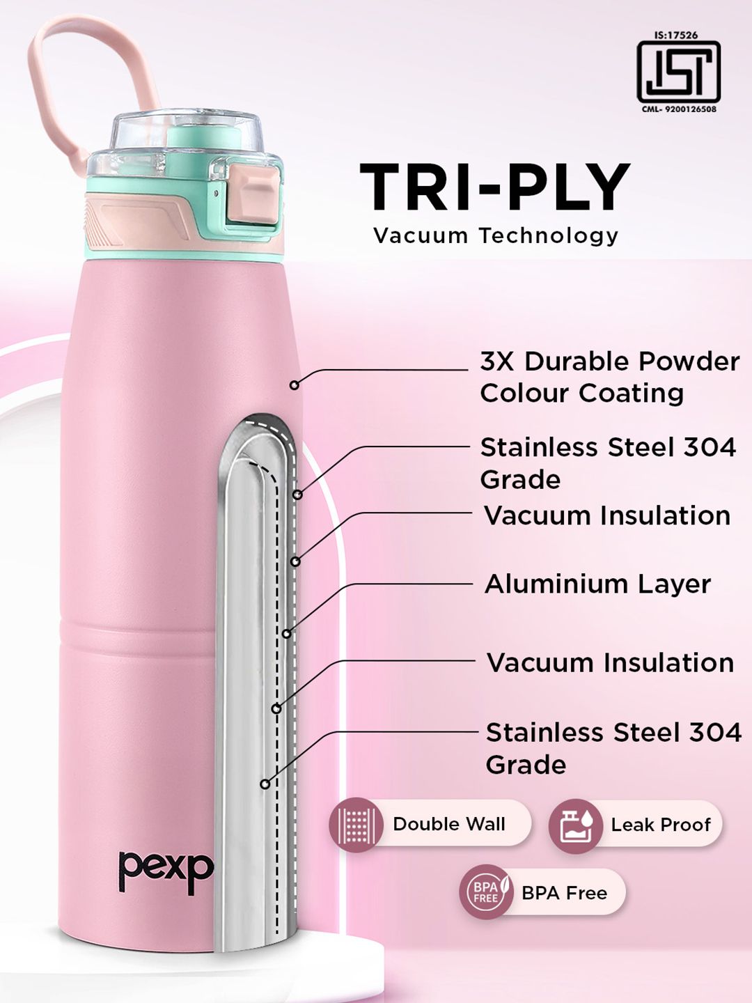 Pexpo Pink & Green Try Ply Stainless Steel Double Wall Vacuum Water Bottle 940ml
