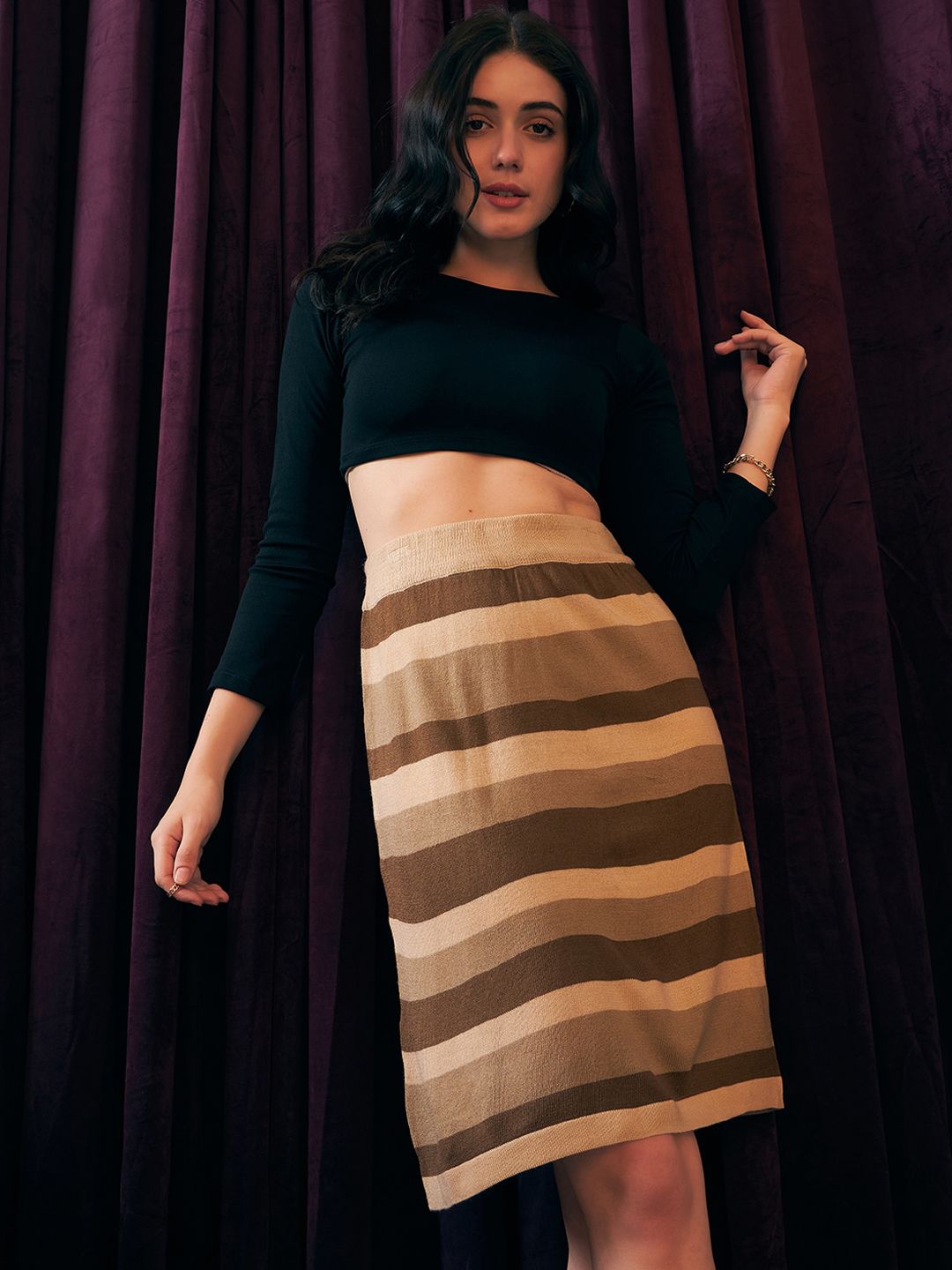 Berrylush Striped Pencil Acrylic Knee Length Skirt