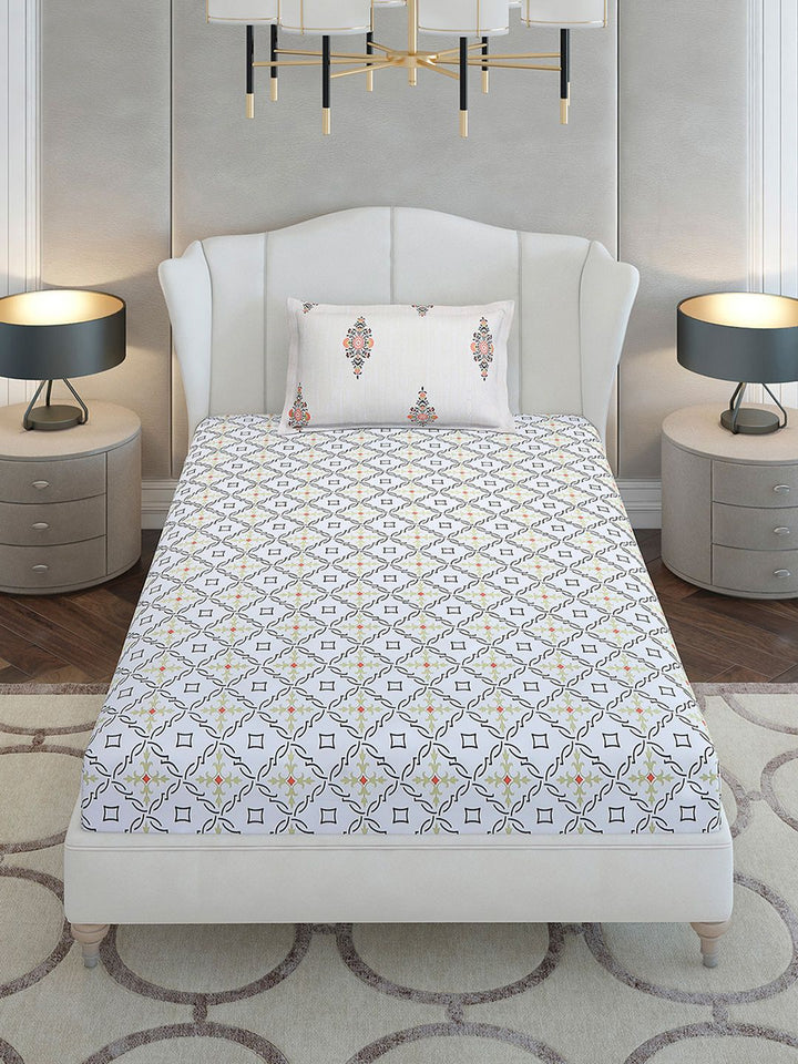 Monte Carlo Grey & White Ethnic Motifs Cotton 144 TC Single Bedsheet Set-2.29 m x 1.52 m