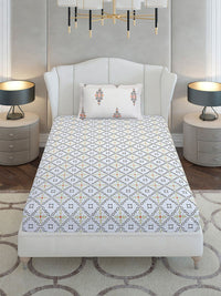 Monte Carlo Grey & White Ethnic Motifs Cotton 144 TC Single Bedsheet Set-2.29 m x 1.52 m