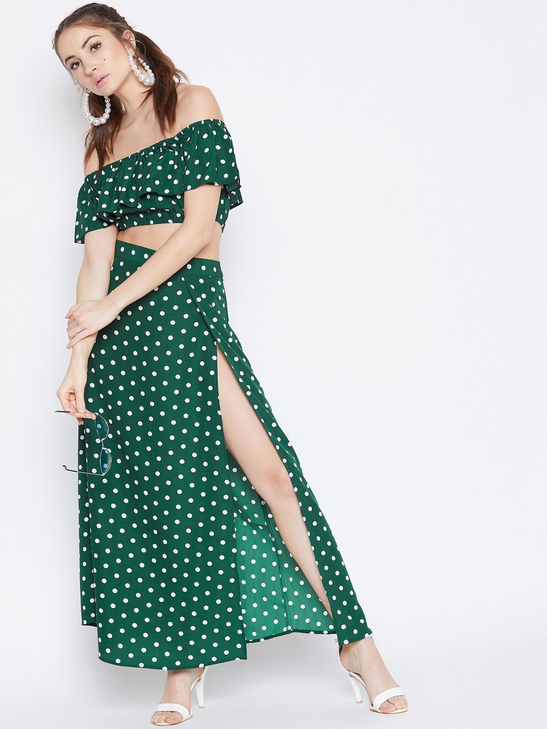 Berrylush Women Green & White Printed Two-Piece Dress