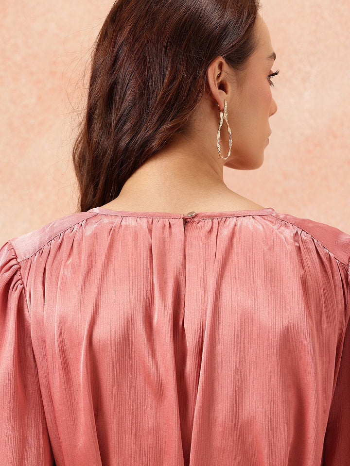 all about you Gathered Detail Bishop Sleeves Party Satin A-Line Dress with Belt