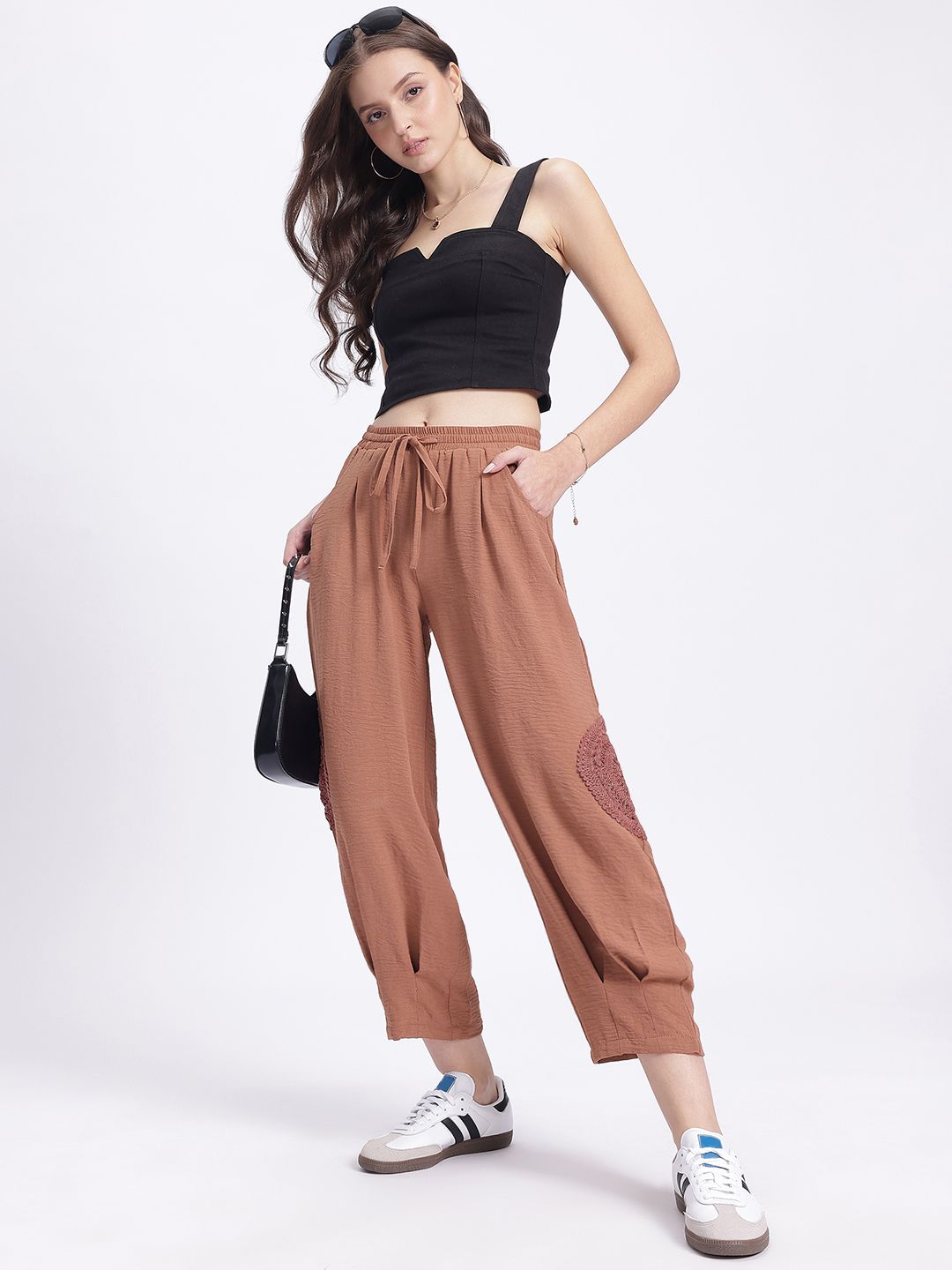DressBerry Women Easy Elegance Crochet Patchwork Crop Pleated Trousers