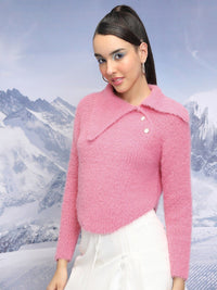 Tokyo Talkies Pink Abstract Self Design Asymmetric Collar Acrylic Pullover Crop Sweater