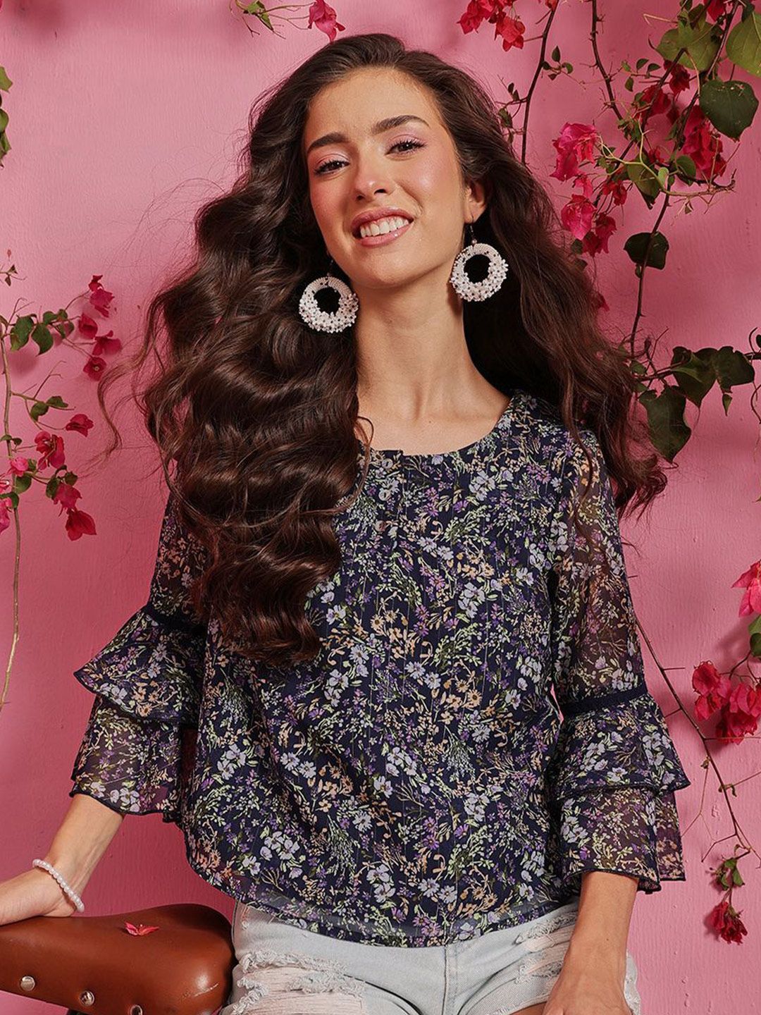 QUIERO Women Floral Printed Round Neck Chiffon Top