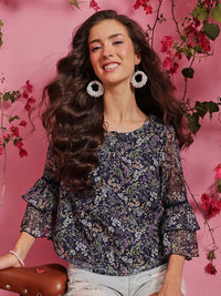 QUIERO Women Floral Printed Round Neck Chiffon Top
