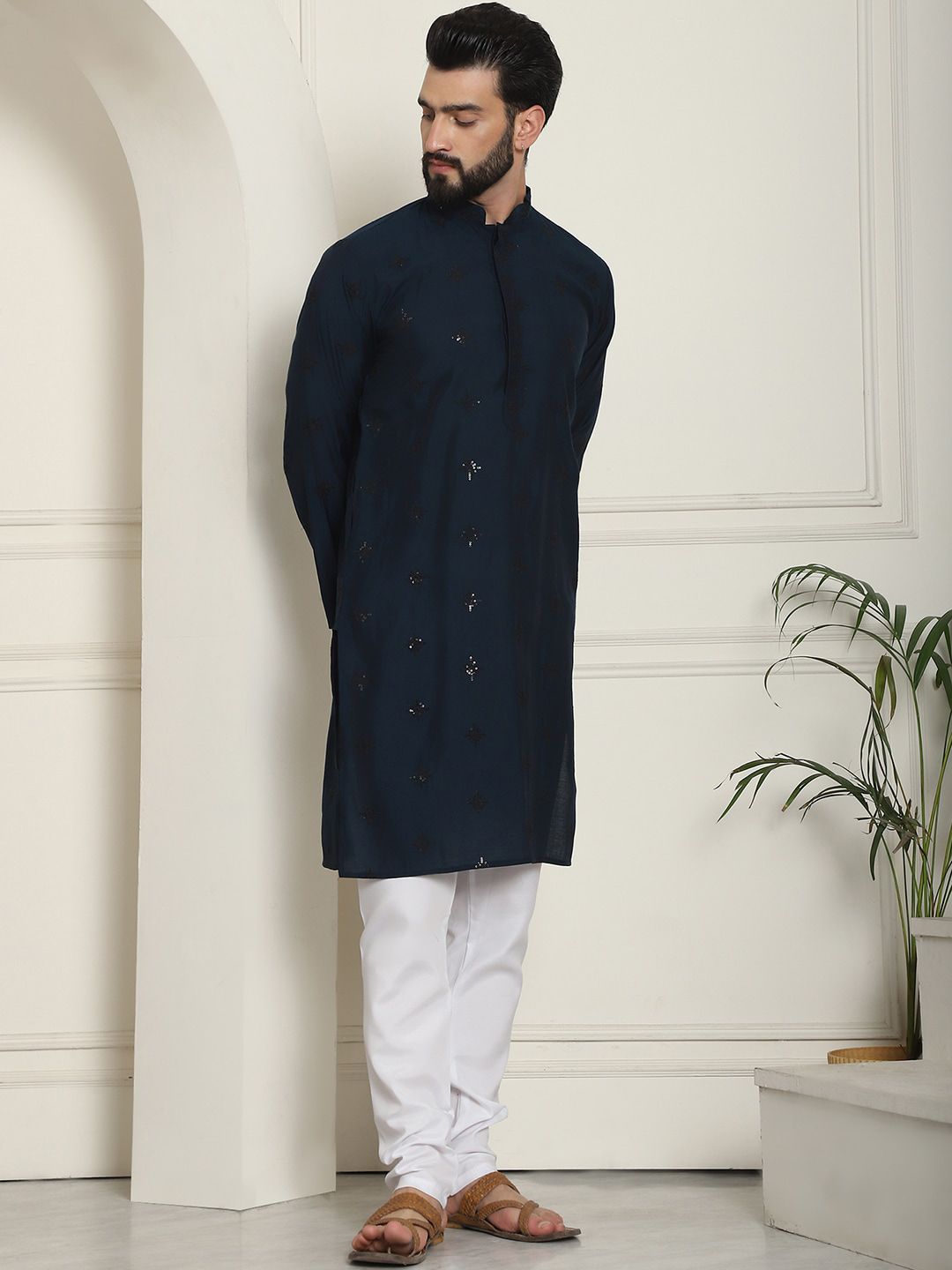 SOJANYA Floral Embroidered Sequinned Cotton Silk Straight Kurta With Churidar