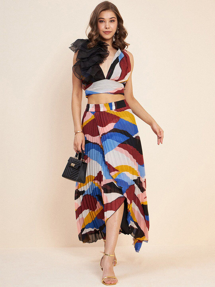 Antheaa Blue Printed Crop Top & Skirt