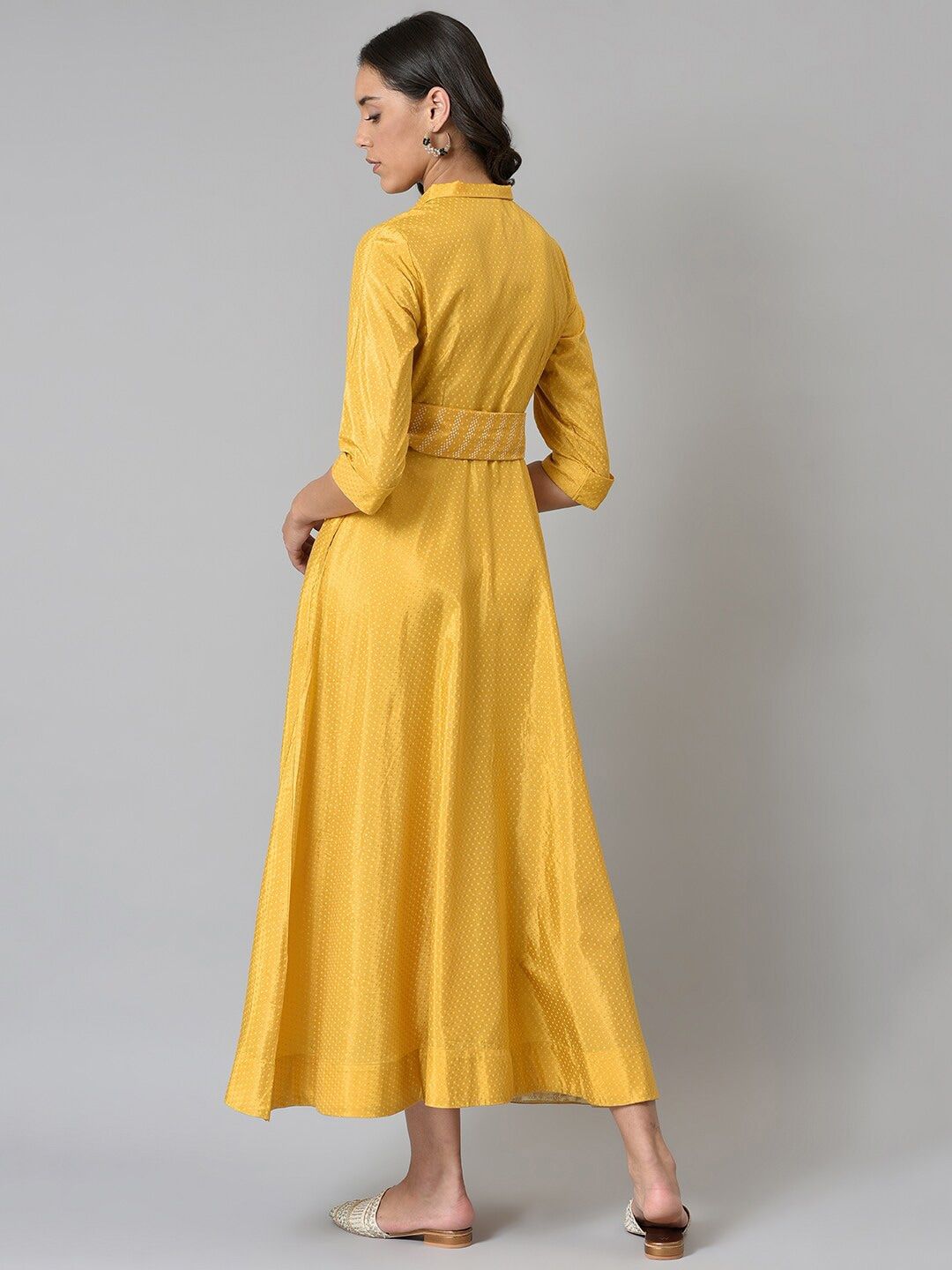 W Yellow Ethnic Motifs Tie-Up Neck Ethnic Midi Dress