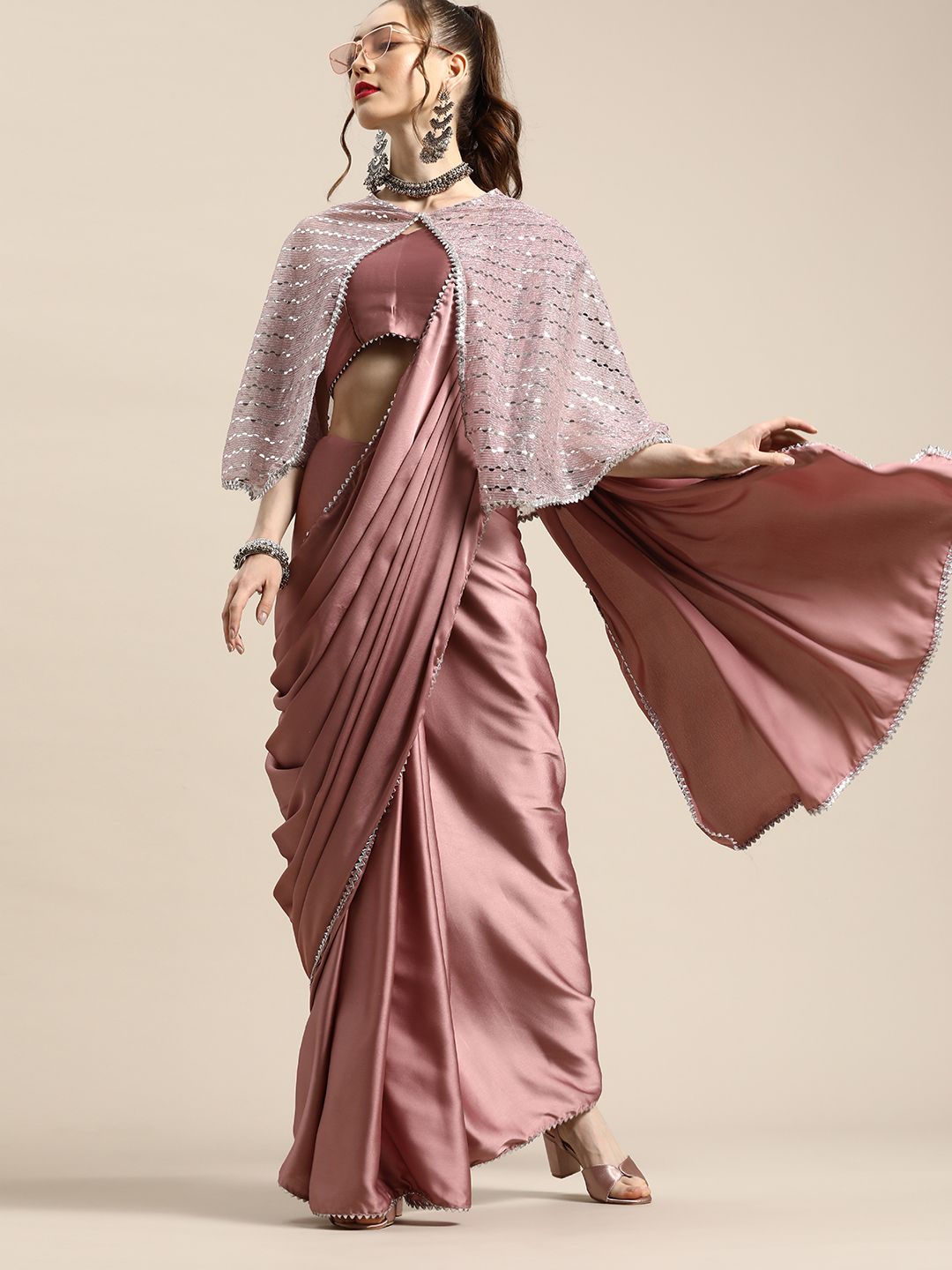 Tikhi Imli Trendy Mauve Sleek Poly Crepe Saree with Embellished Border & Cape