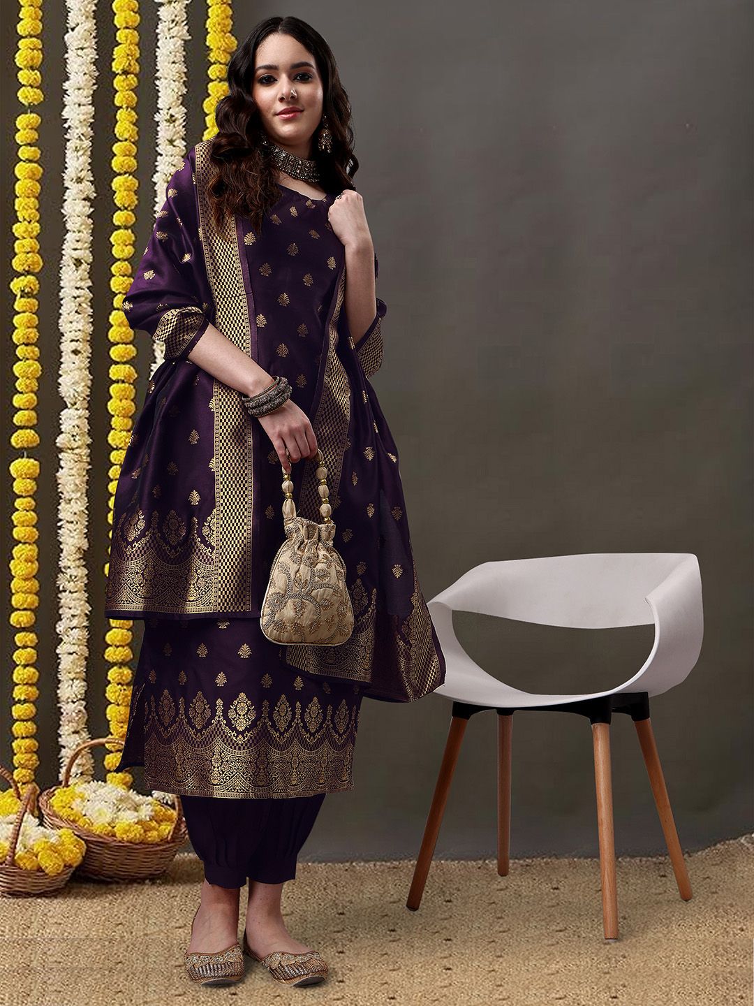 KALINI Ethnic Motifs Woven Design Kurta With Salwar & Dupatta