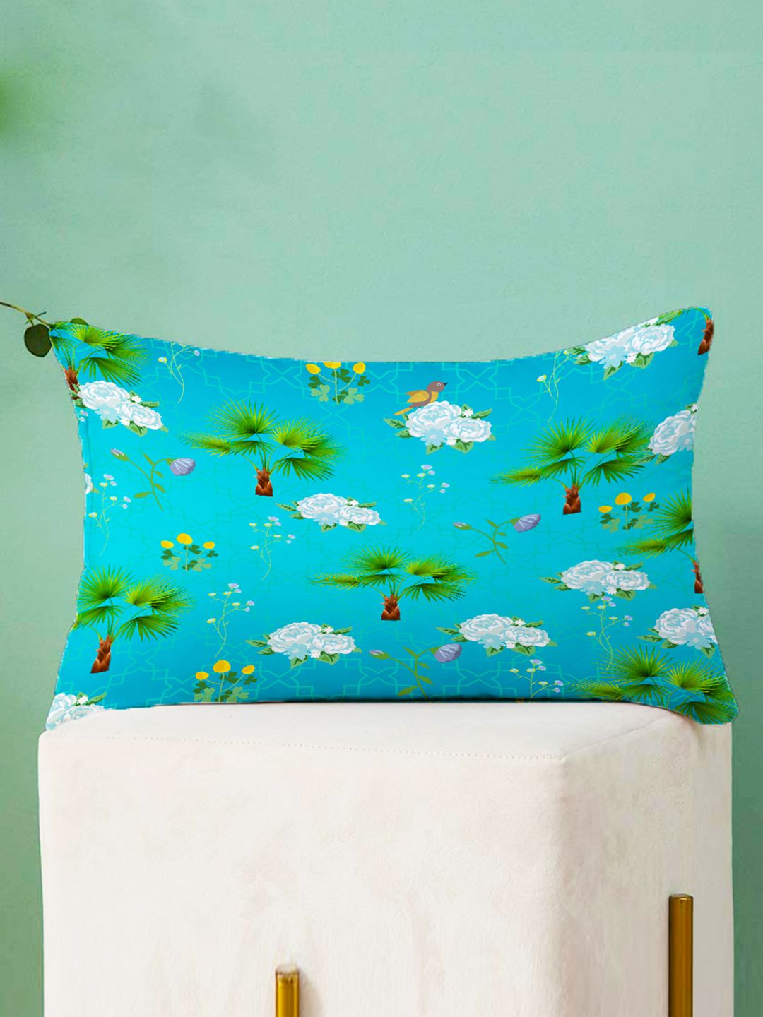 STITCHNEST Green & Blue Set of 2 Floral Rectangle Cushion Covers